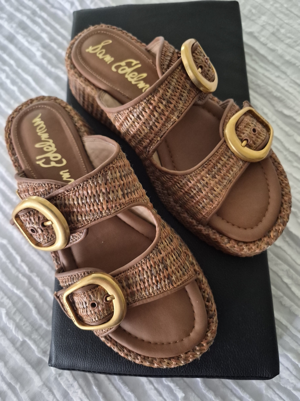 Sam Edelman Brown Woven Buckle Slide Sandals